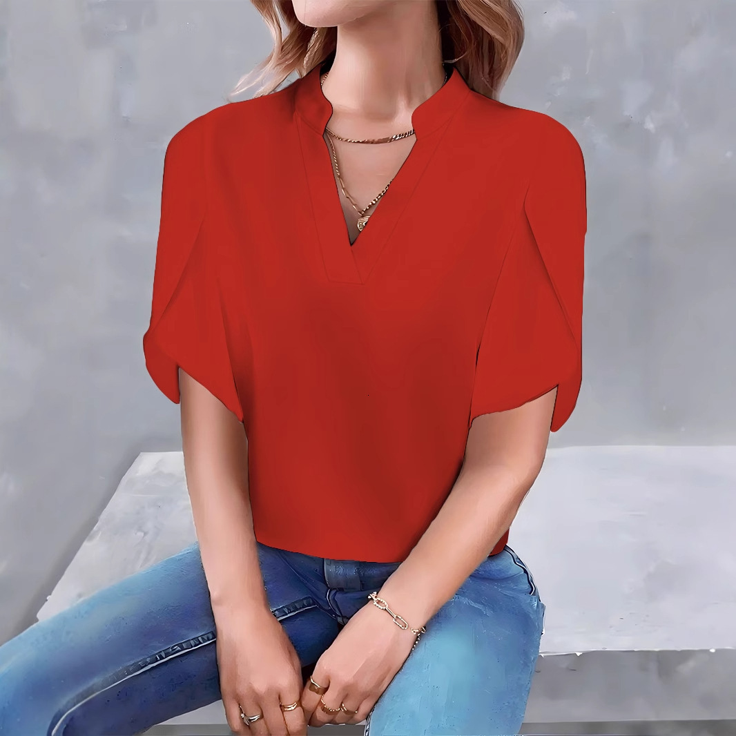 2025 Summer Fashion Simple V-neck Petal Sleeve Solid Color Womens Shirt Womens Shirt
