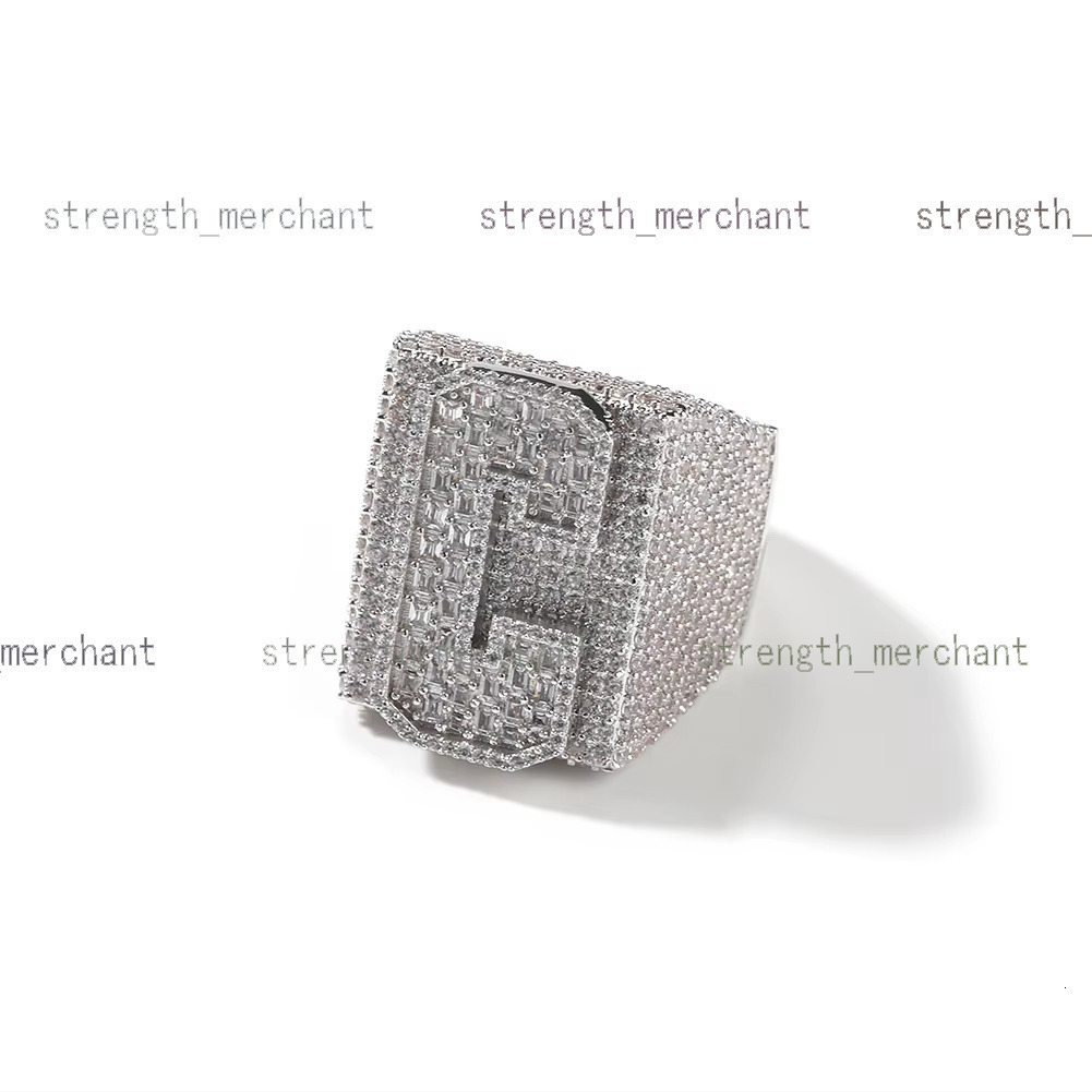 Hip Hop Custom Iced Out Single Baguette Initial Letter Number Square Ring Personalized Rapper Jewelry
