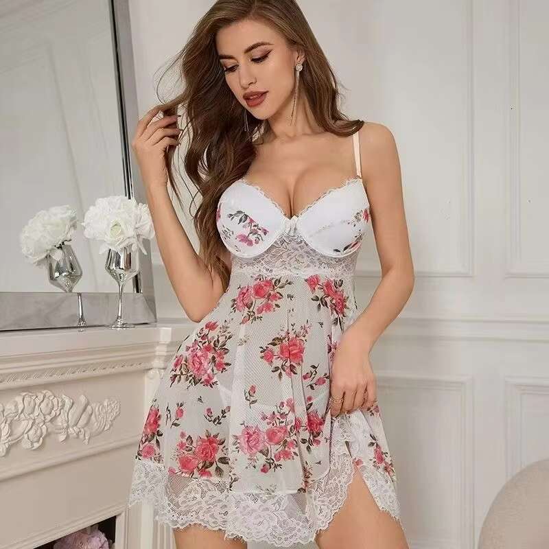 Hot Selling Sheer Sexy Floral Mesh Print Pleated Seductive Ladies' Pama Lingerie Set