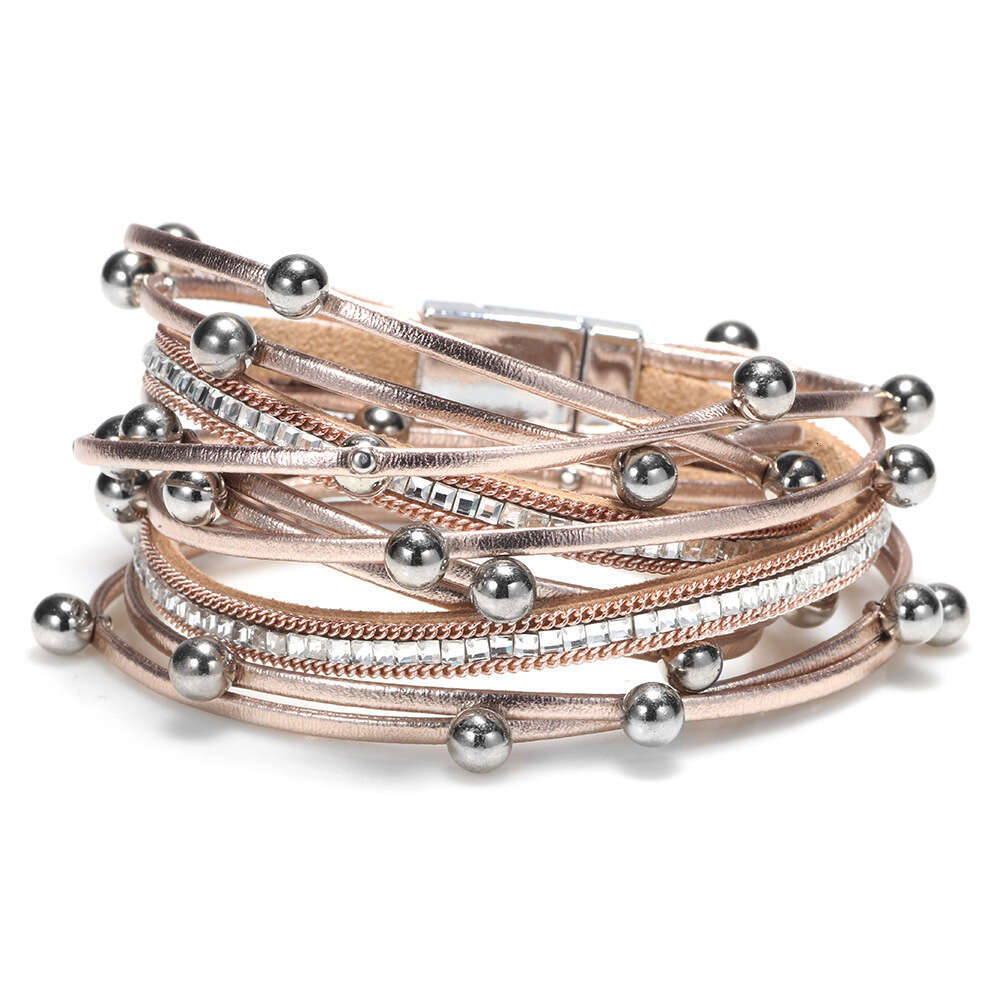 Temu Fashion Leather Inlaid with Water Dia Pearl Multi Loop Wrapped Magnetic Buckle Bracelet Jewelry