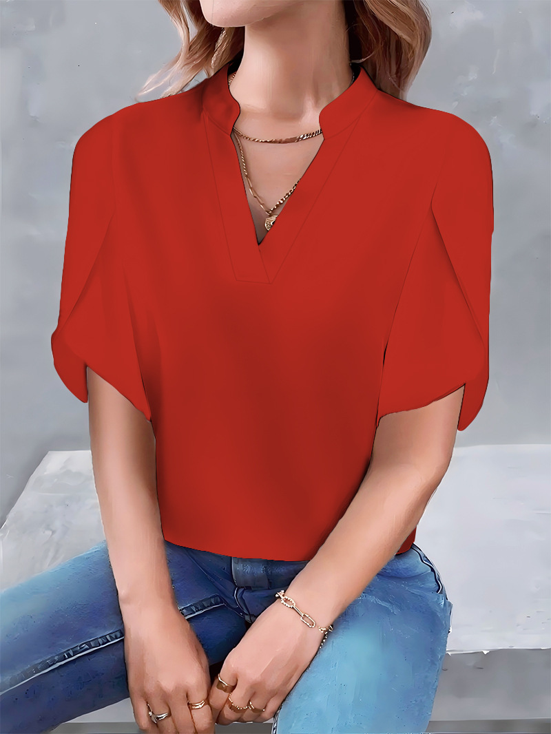 2025 Summer Fashion Simple V-neck Petal Sleeve Solid Color Womens Shirt Womens Shirt