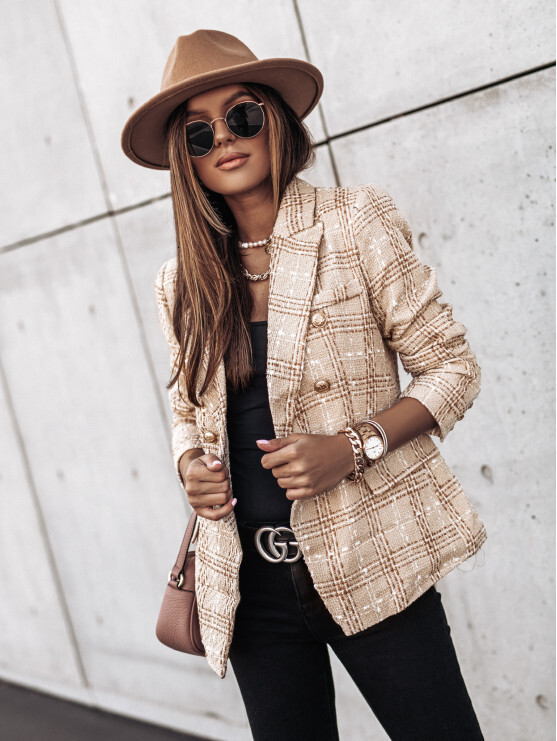 Autumn and winter 2020 long sleeve double breasted suit collar print Jacket Womens wear