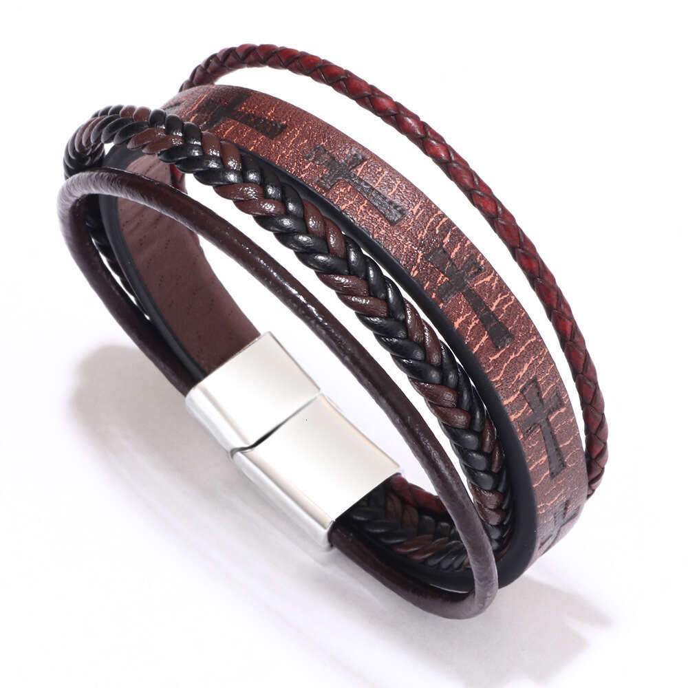 Hot selling fashion bracelets, men's handmade woven cross, leather bracelet, alloy magnetic buckle bracelet