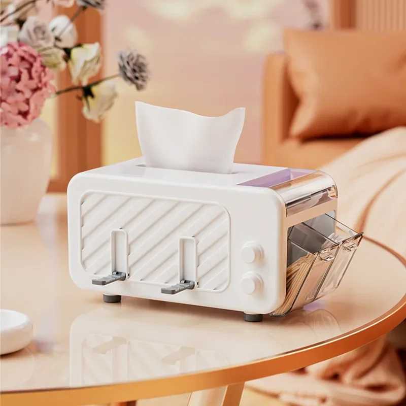 Multifunctional Tissue Box with Phone Holder Side Storage Side drawer for toothpicks/wires Smooth Pull for Home OfficeM251124
