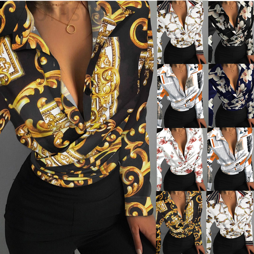 2021 autumn loose long sleeve V-neck printed womens shirt