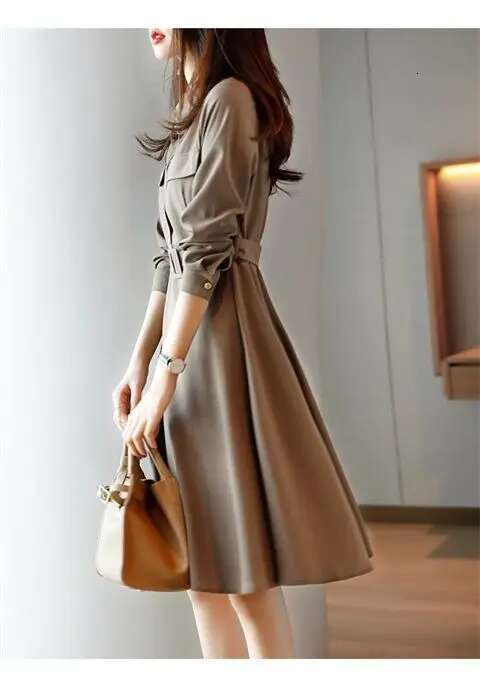 French Retro Style Slim Tall Dress Spring And Autumn New Long Sleeved Button Waist Cinched Women's Mid Length Casual Dresses