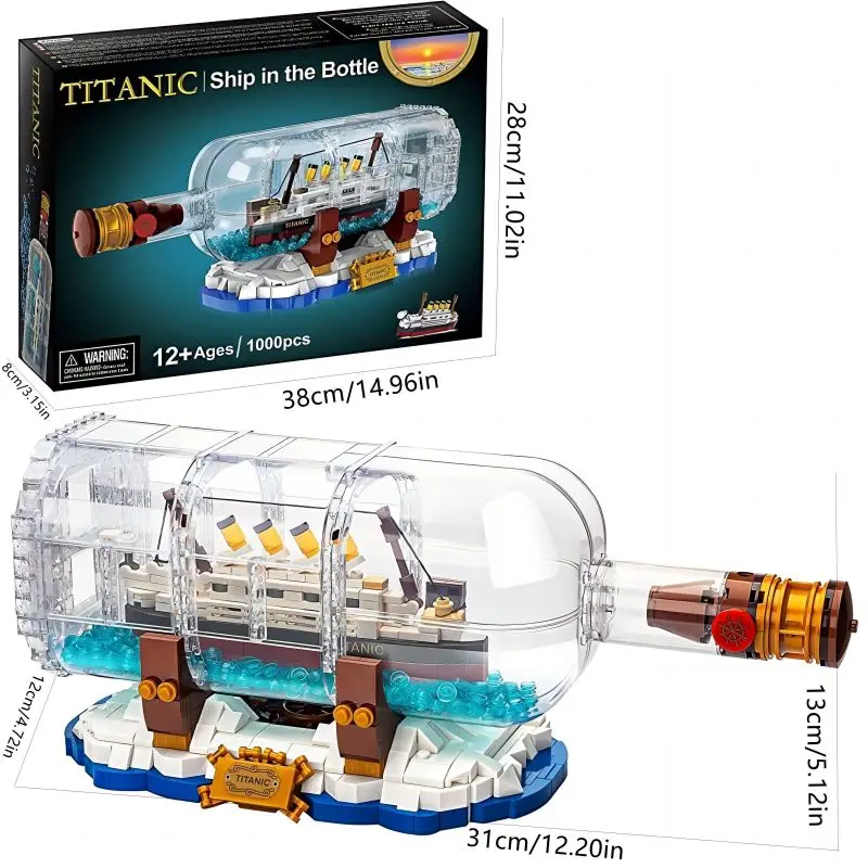 1000PCS Titanic Ship in the Bottle Building Blocks Classic Pirate Ship Model Light Bricks Desktop Display Boy Toys Holiday Gifts