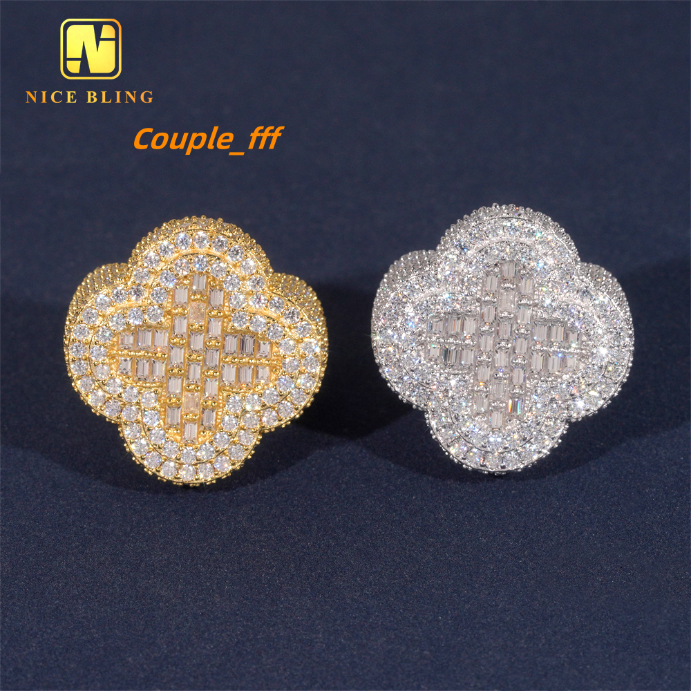 Iced Out 18k Gold Plated baguette Cut Moissanite Ring Fashion Hip Hop Jewelry S925 Lab Diamond Four Leaf Clover Engagement Ring