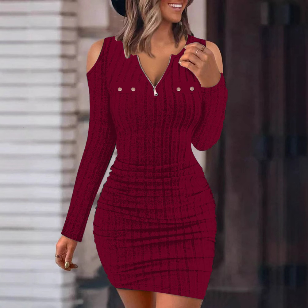 2023 Autumn/Winter New Solid Color Zipper V-neck Tight Bag Hip Slimming Sexy Long Sleeve Dress for Women