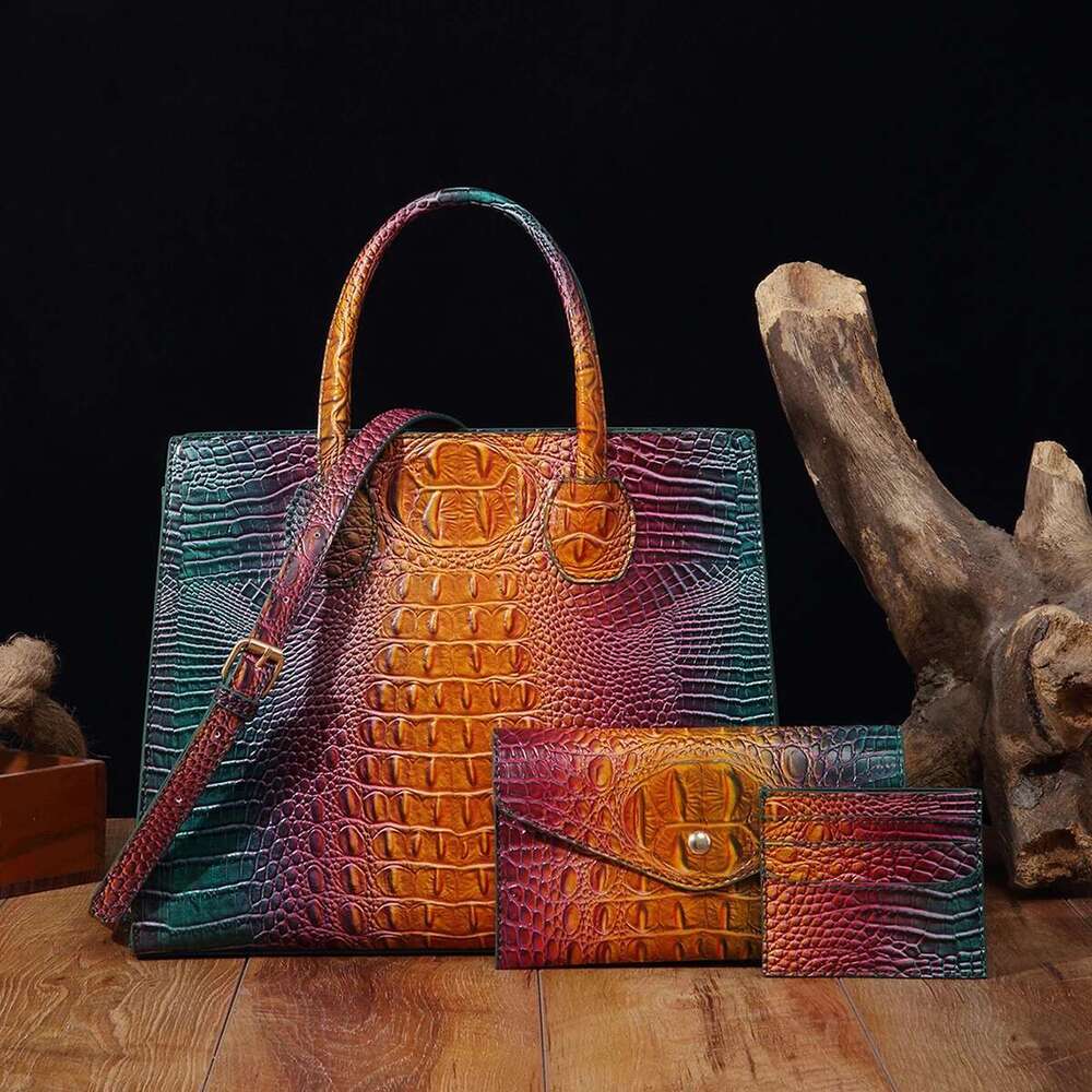 3 Pcs Crocodile Pattern Handbag Purses Set, Multi-Functional Vintage Top Handle Crossbody Business Clutch Bag & Card Coi
