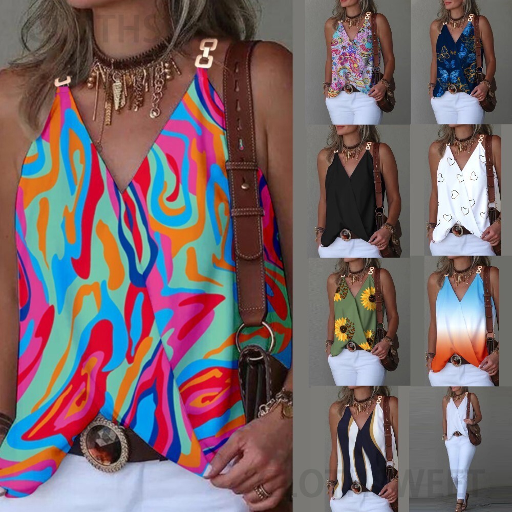 2023 Summer minimalist V-neck metal buckle printed small tank top for women