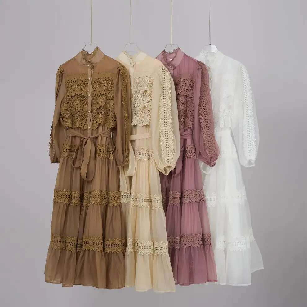 Runway Long Dresses Women Autumn Full Sleeve Single Breasted Pearls Embroidery Hollow Out Crochet Midi Vestidos