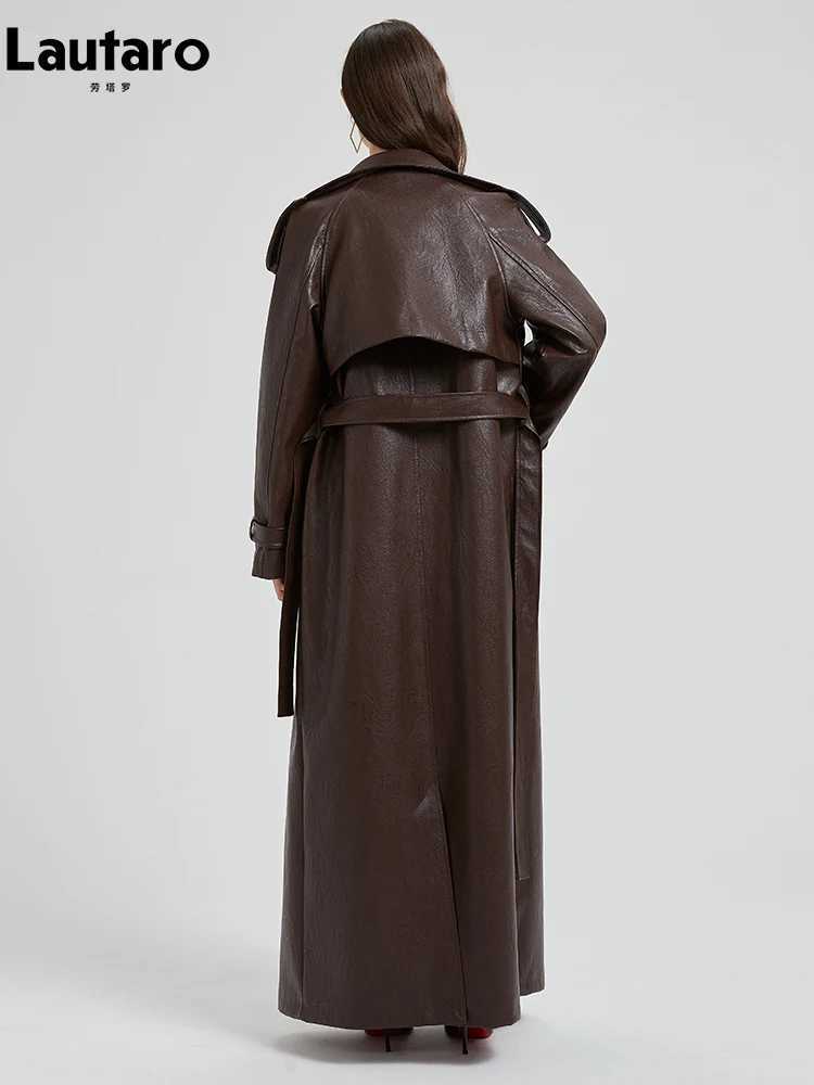 Lautaro Spring Autumn Extra Long Brown Pu Leather Trench Coat for Women Sashes Luxury Chic Overcoat Runway European Fashion 2024 J251124