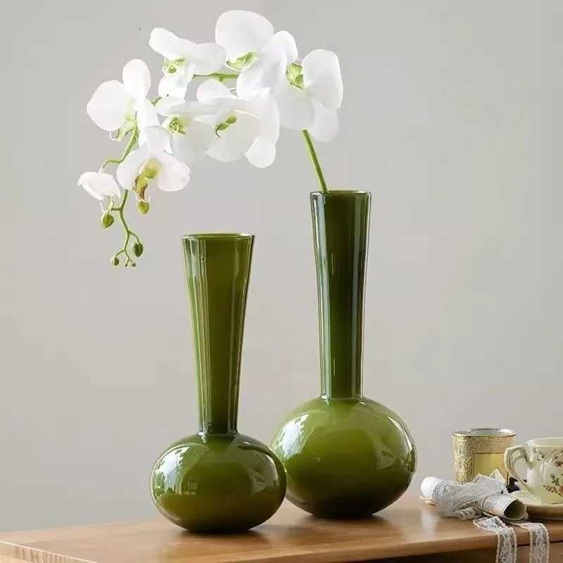 French Style Light Luxury Glass Vase Olive Green Handmade Vase Artistic Flower Planter Living Room Desk Decor Home Decoration C251124