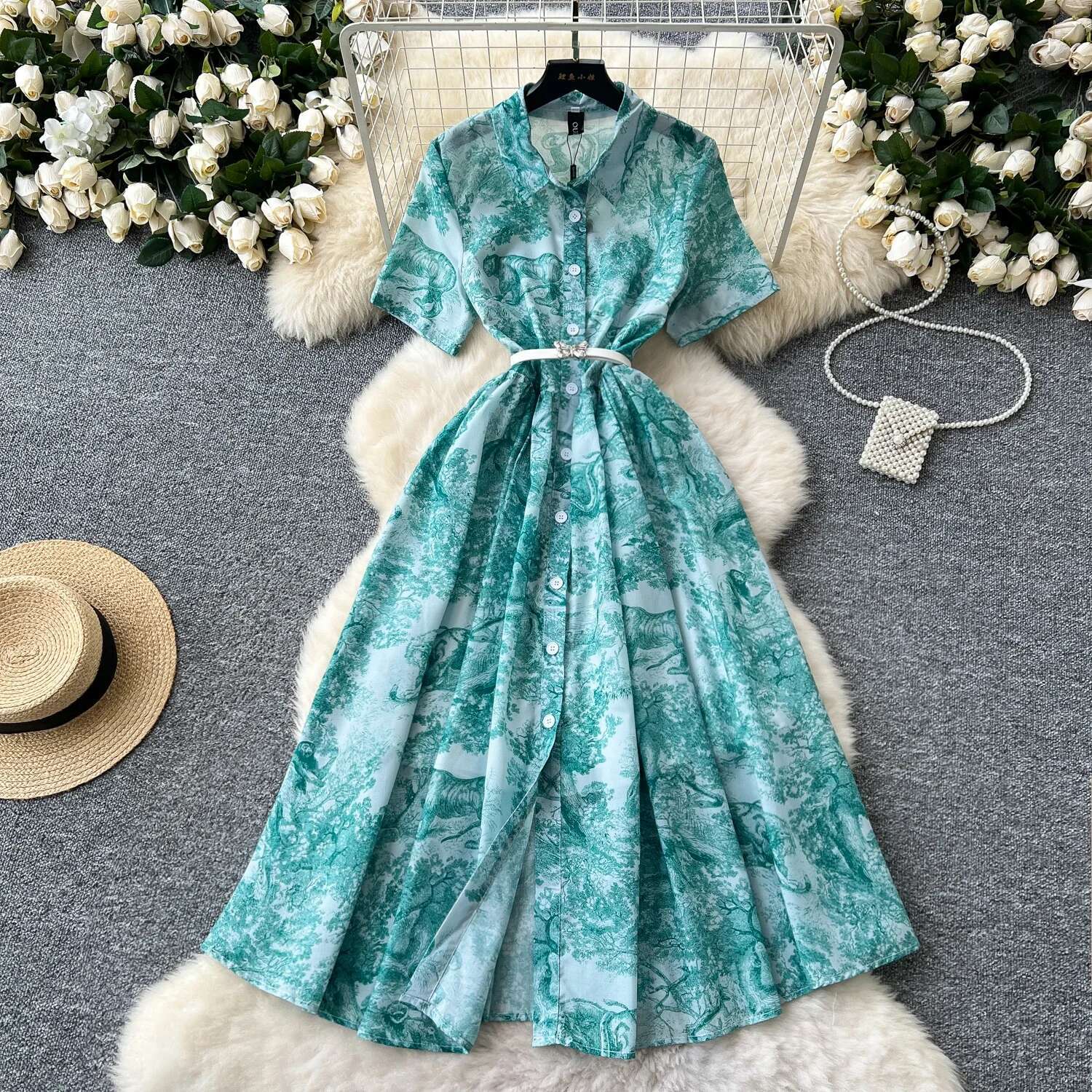 Elegant Short Sleeves Vintage Polo-Neck Chic Single Breasted Print Slim Sashes Long Dresses Evening High Street Summer Clothing