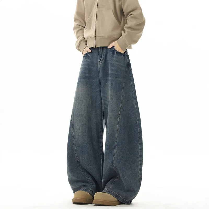 Wide leg jeans mens denim deep blue flooring cleaning bag Trouser street dance hip-hop unisex urban fashion urban streetwear 250423
