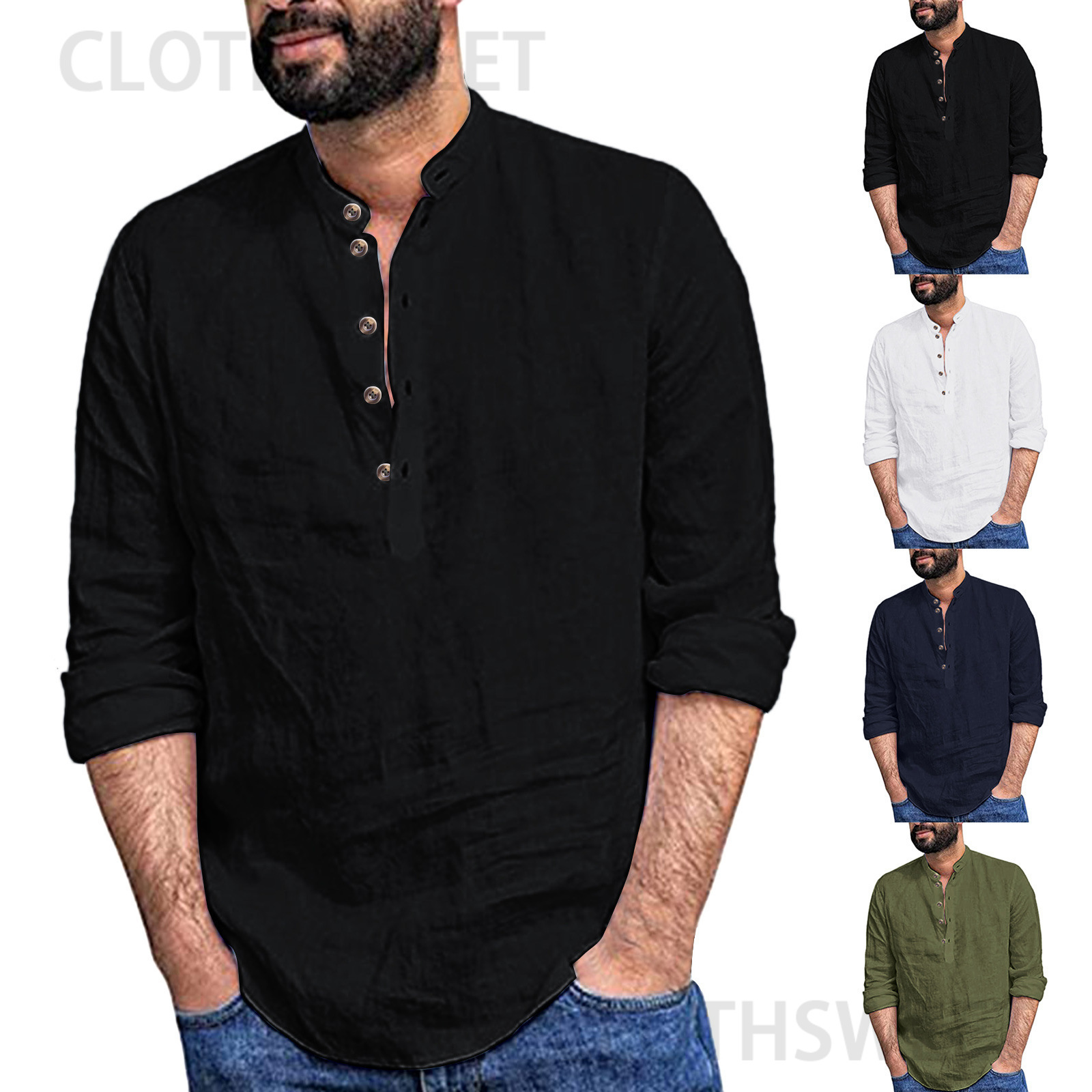 Casual mens loose shirt mens fashion stand collar cotton linen long sleeve color 2022