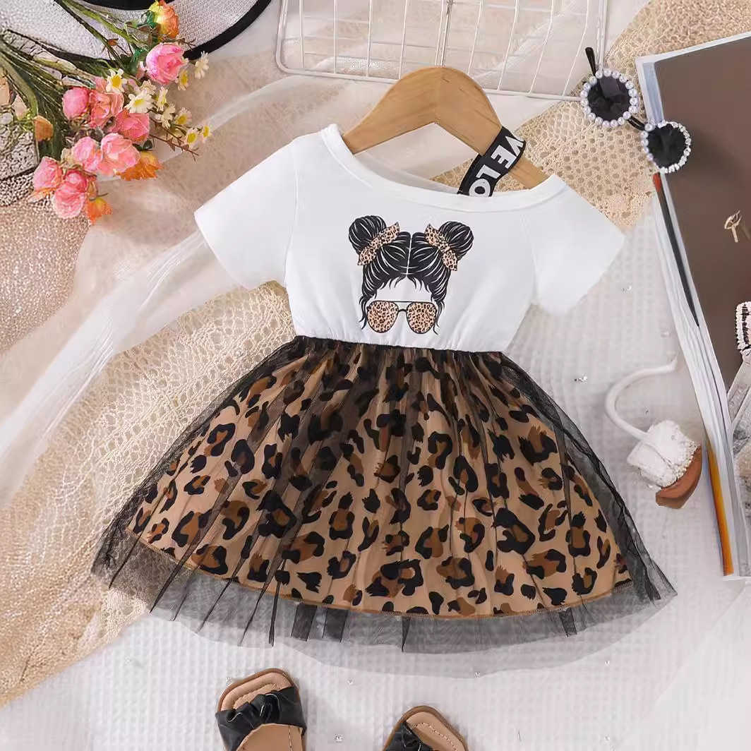 Childrens Summer Baby Girl Dress 2025 New Fashionable Girl Printed Splicing Leopard Mesh Skirt Y2504233epy