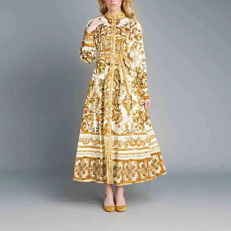 New European And American Women's Fashion Retro Lantern Print Long Sleeve Swing Dress Woman