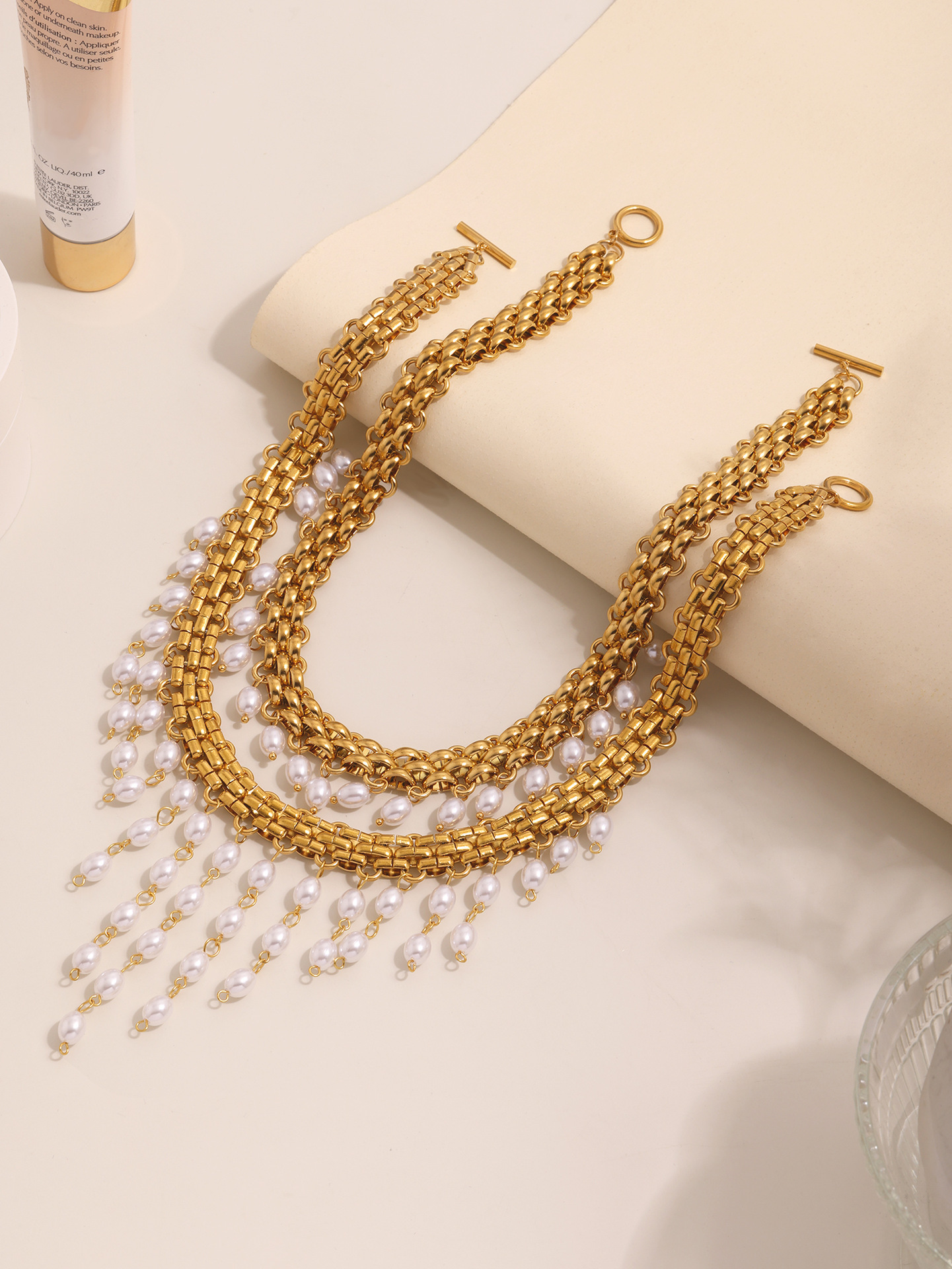 Designer necklace high quality pearl tassel short necklace golden stainless steel millennium punk style jewelry for girls gift