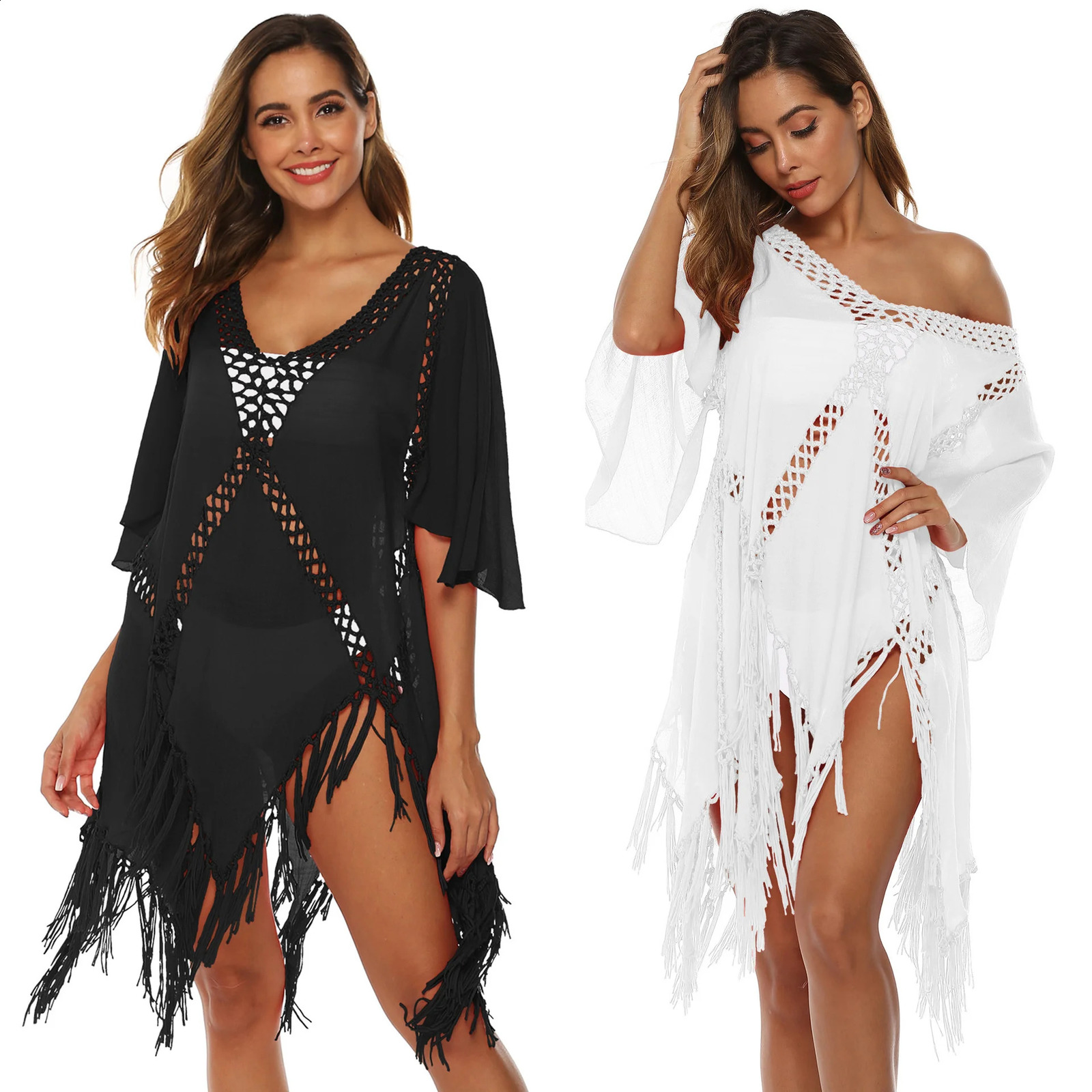 Crochet Bikini backless cover with tassels sexy Vneck camisole beach dress summer swimsuit beachwear 250422