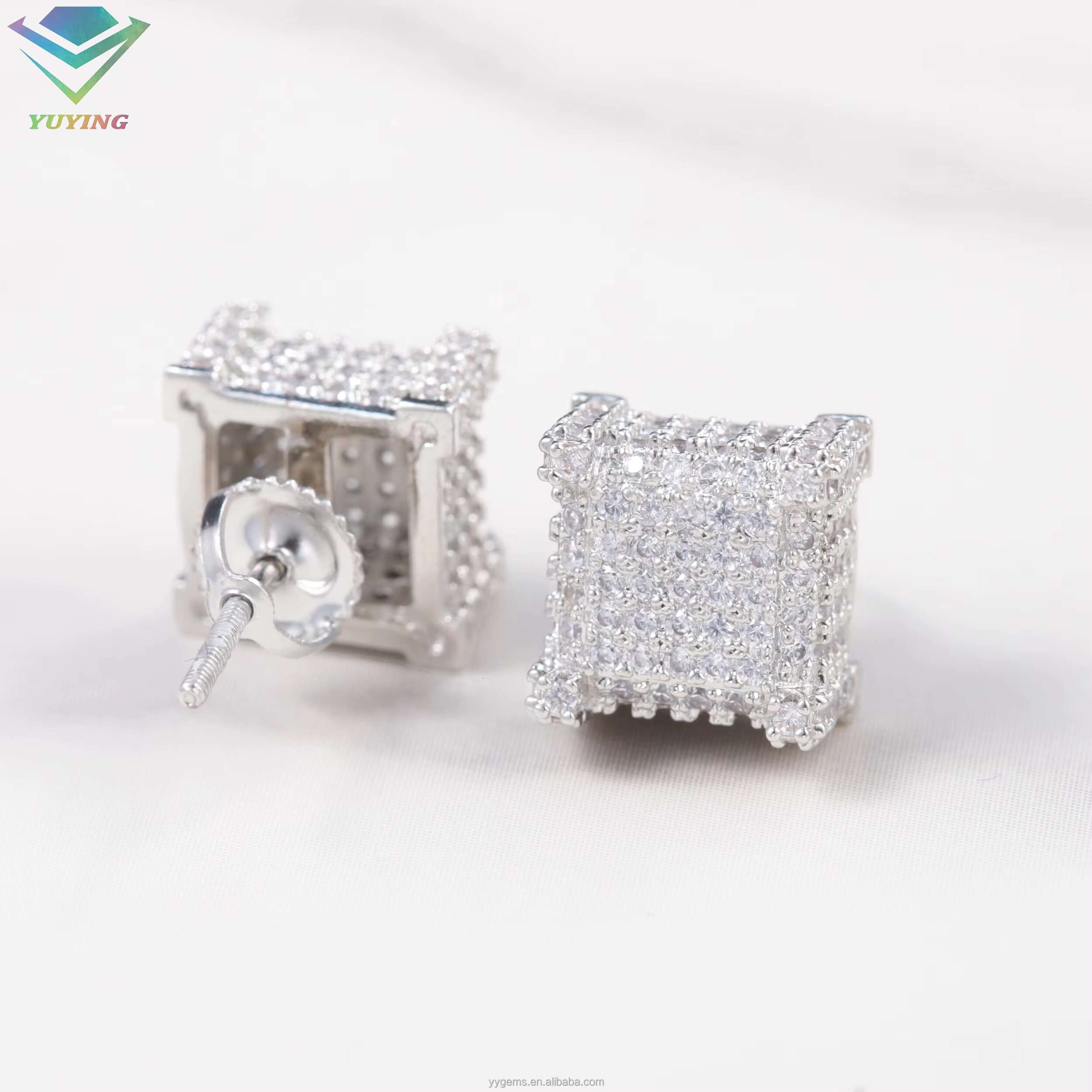 Yu Ying Iced Out Moissanite Earrings Square Style S925 Silver Hip Hop Earrings for Men Women GRA Moissanite Stud Earrings