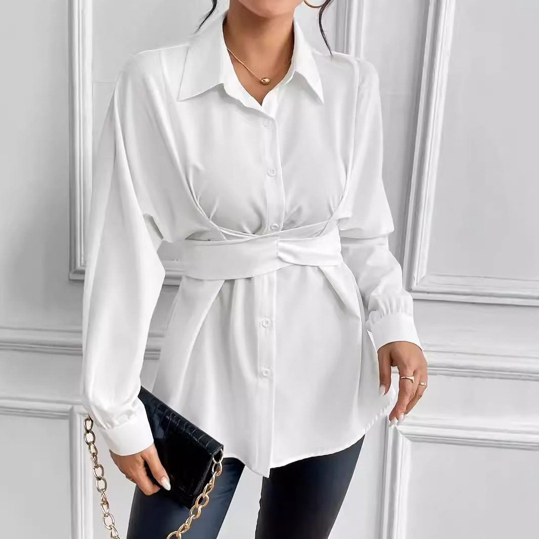 2024 autumn lapel tie bow tie waist slimming shirt womens clothing