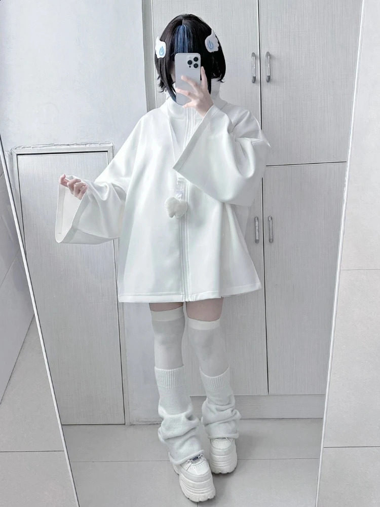 Spring Japanese casual solid hooded womens loose Y2k aesthetic over embroidered outerwear Harajuku zipper pleated sweatshirt 250422