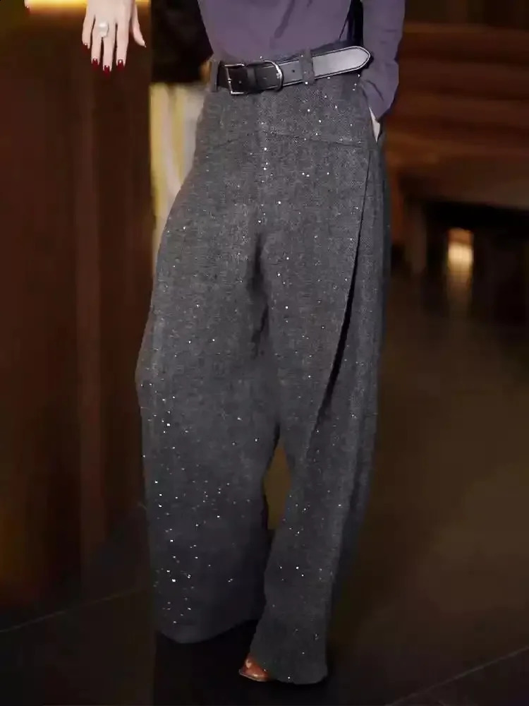 High-end Gray Woolen Suit Pants Womens Winter European n Fine Flash High Waist Versatile Trousers 250421
