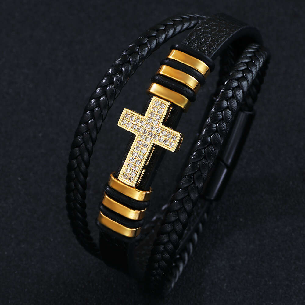Copper inlaid zircon cross bracelet, fashionable PU leather rope, hand woven alloy bracelet jewelry