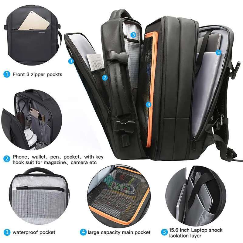 HK Business For Men Waterproof Anti-Theft Laptop Backpack Casual Large Capacity Expandable Travel Bag Short Trip
