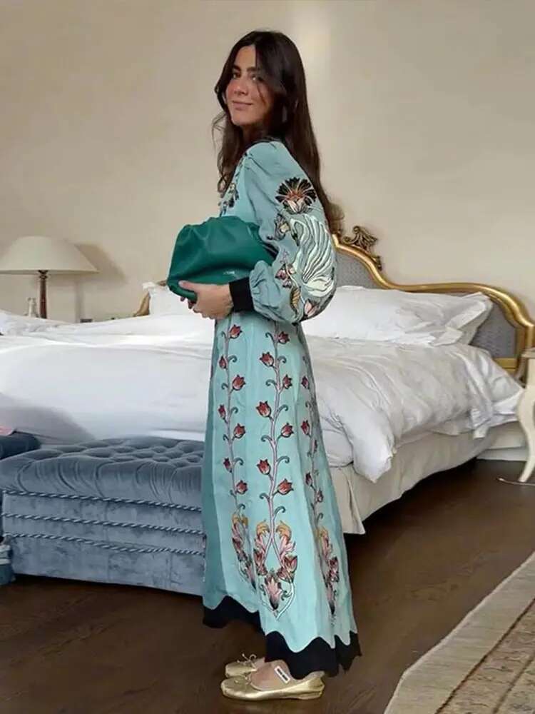 Elegant Printed Deep V-Neck Dresses Women Vintage Loose Backless Long Sleeve Maxi Dress Lady New Spring Chic Party Beach Holiday