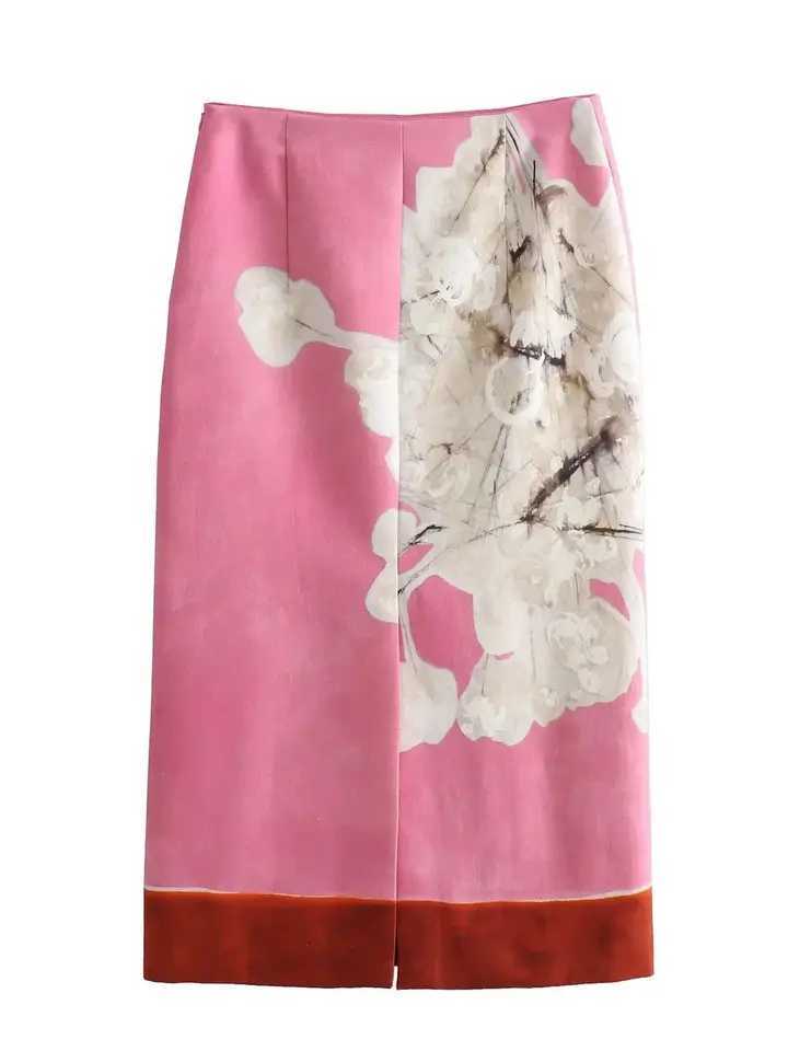 XNWMNZ Womens Fashion Linen Blended Pencil Skirt Waist Zipper Comparison Printed Bottom Seam Womens Midi Skiing M250424