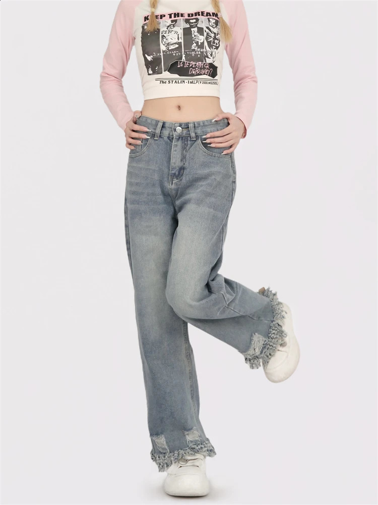 Womens damaged tassel edge n straight blue jeans for young girls casual bottom women high waist wide legs Trouser 250417
