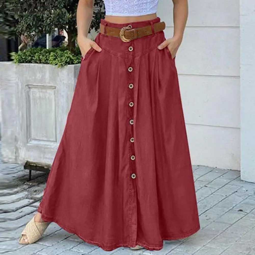 Large hem womens long solid color high waist fully matched button decoration A-line summer loose long skirt womens dress M250424