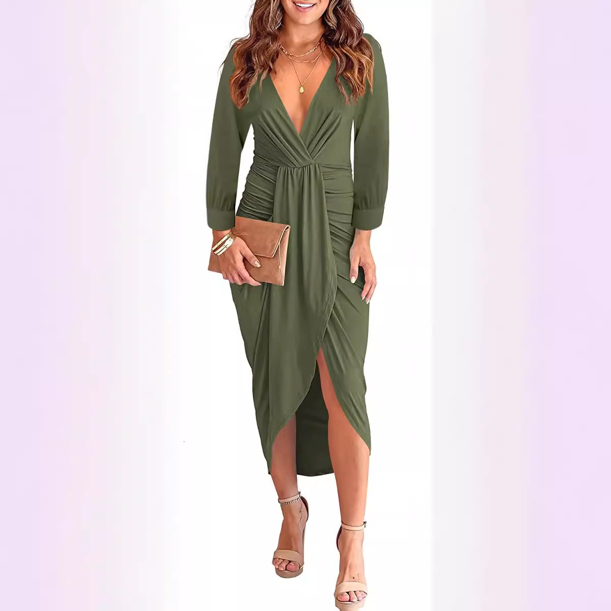 Autumn and winter 2022 solid color V-neck pleated buttock split womens dress women