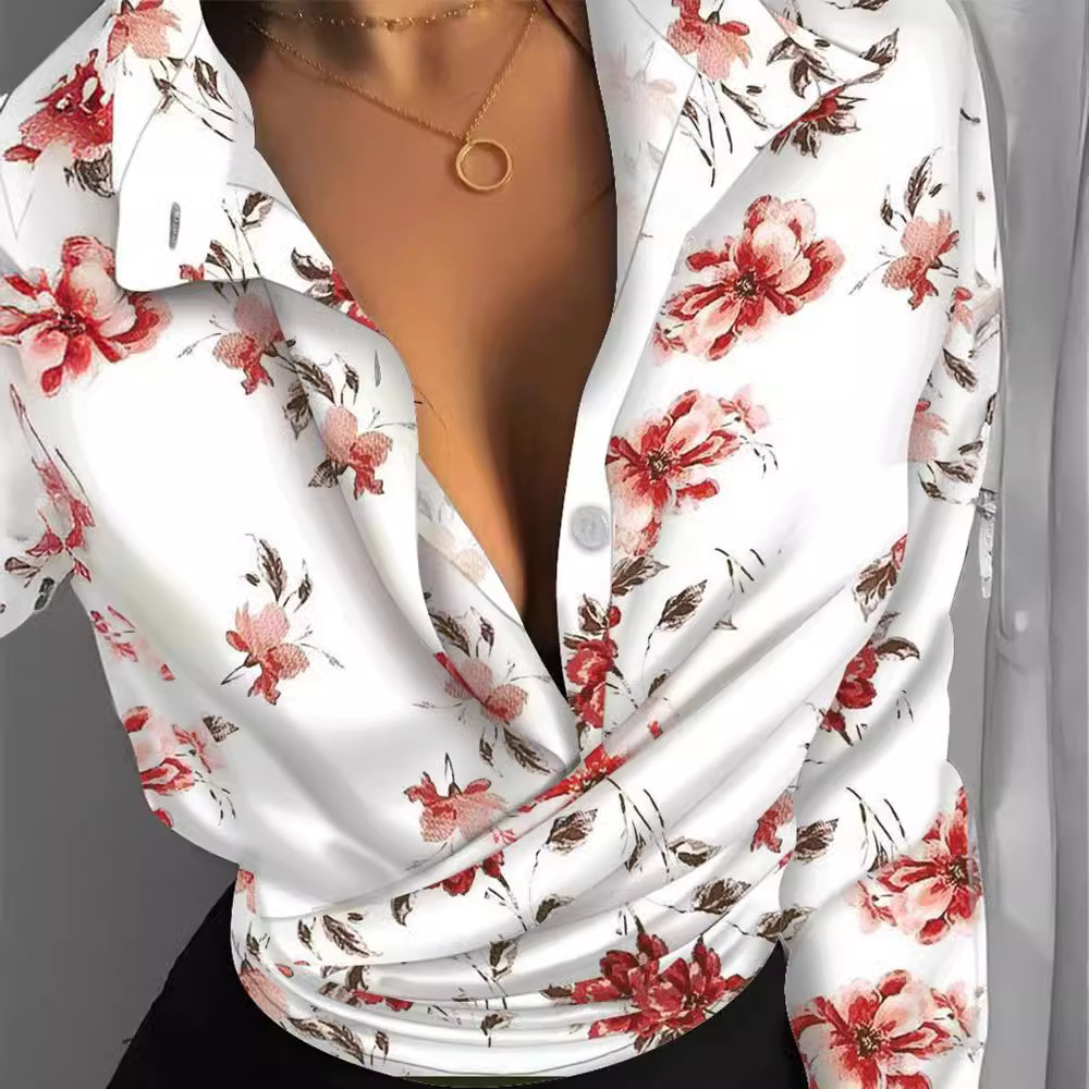 2021 autumn loose long sleeve V-neck printed womens shirt