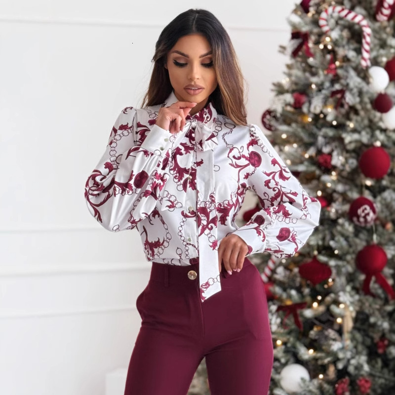 2024 new autumn simple and versatile printed long sleeved bow tie shirt top for women
