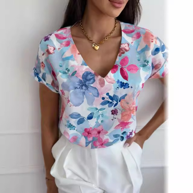 2024 summer simple and fashionable printed V-neck loose short sleeved shirt for women