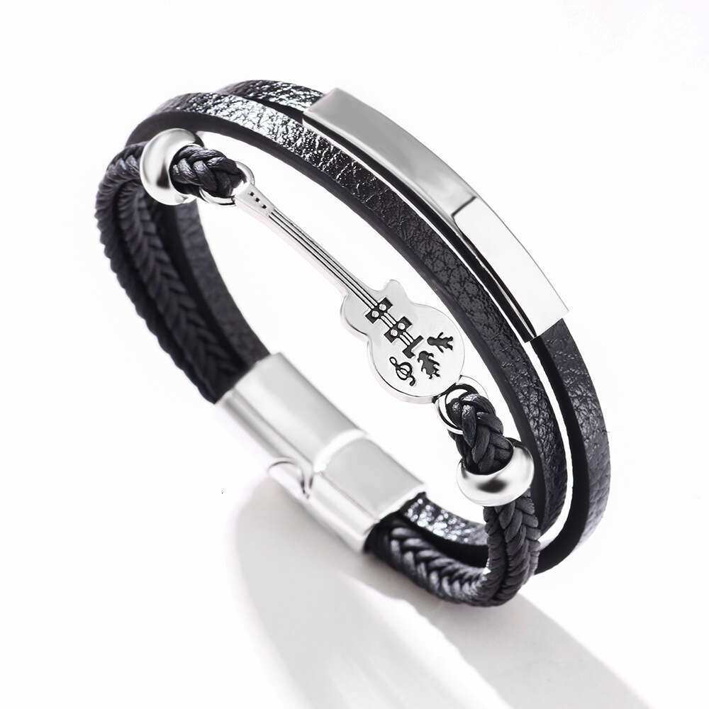 Punk trendy men's popular guitar PU leather fashionable multi-layer woven magnetic buckle bracelet