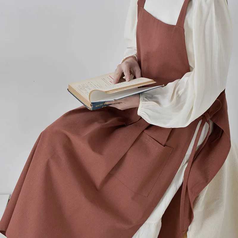 Cotton Linen Women Chef Apron Waterproof Korean-style solid color adjustable long Apron kitchen for Cooking Baking Gardening C251124