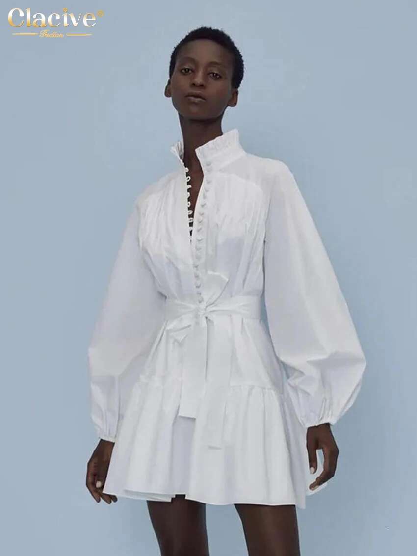 Clacive Fashion Loose White Cotton Casual Stand Collar Puff Sleeve Mini Dress Elegant Lace-Up Pleated Dresses For Women