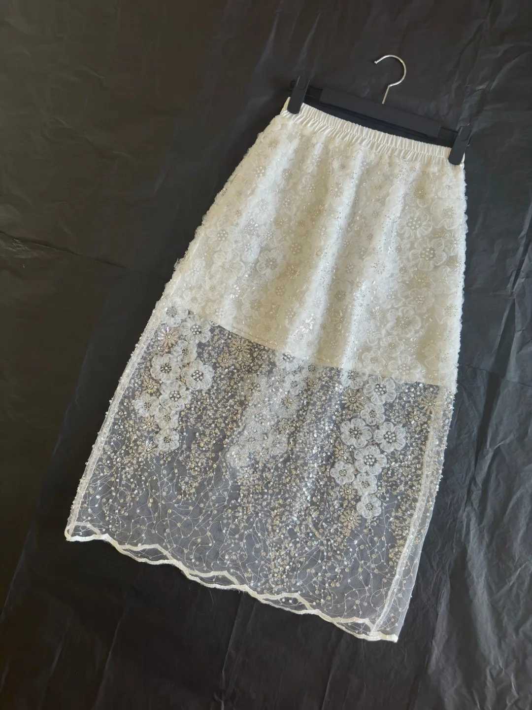 Unique white lace bead sequins high waisted skin feminine trend M250424