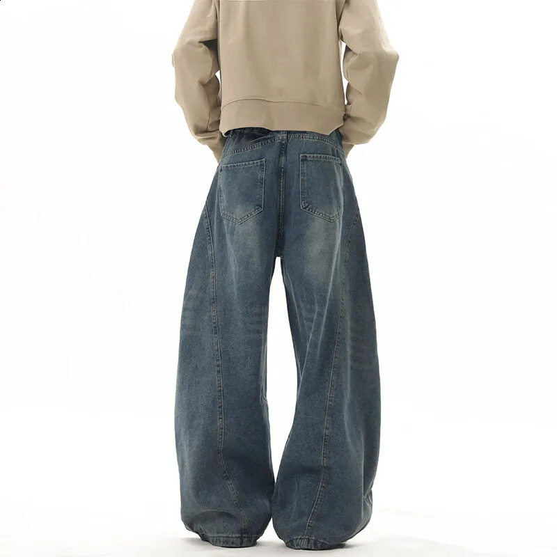 Wide leg jeans mens denim deep blue flooring cleaning bag Trouser street dance hip-hop unisex urban fashion urban streetwear 250423