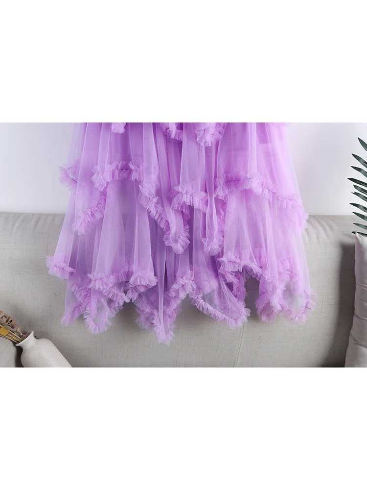 TIGENA TUTU TULLE Womens Long Dress Summer Korean Beauty Cute Irregular Mesh High Waist Long Dress Womens M250424