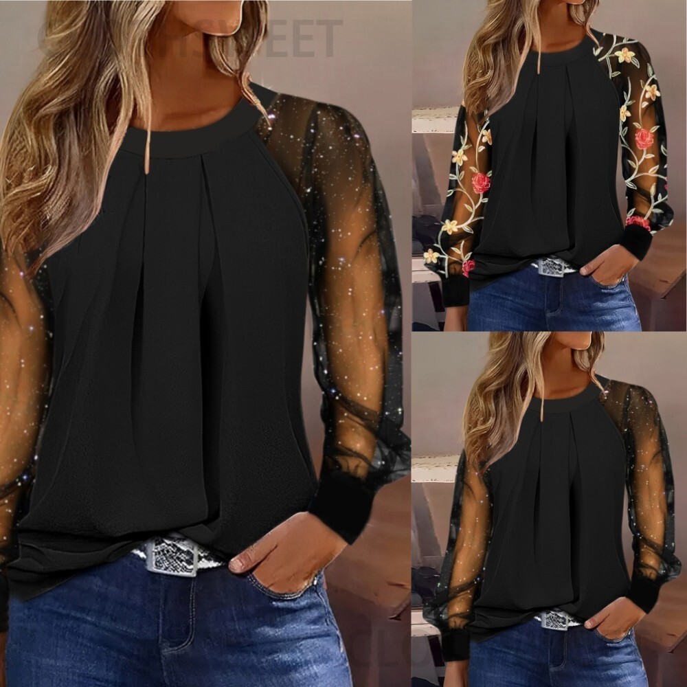2023 autumn long sleeved fashionable round neck lace patchwork shirt womens shirt