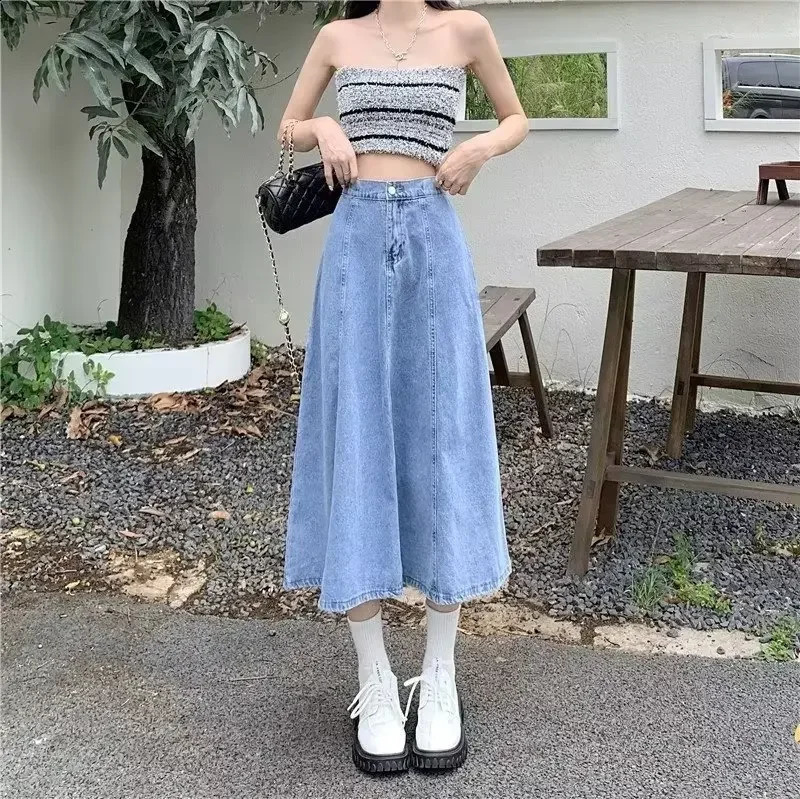 Elastic waist denim long skirt womens skiing summer retro weight loss high waisted Aline drawstring Versatile umbrella dress 250417