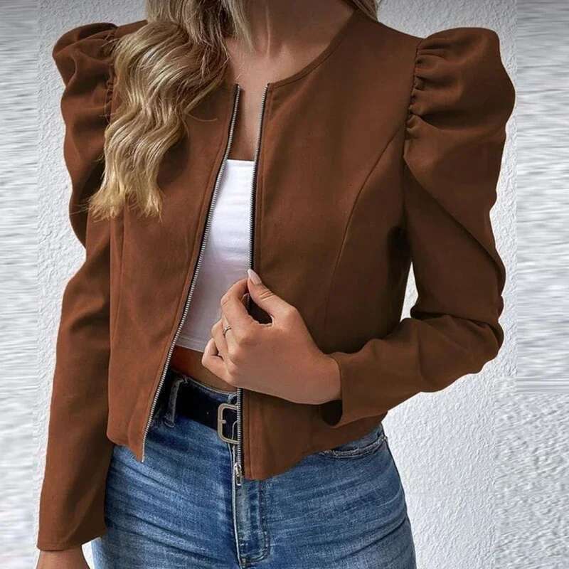 Fashion Short For Elegant Puff Sleeve Coat Jackets With Zipper Outerwear Black Jacket Women