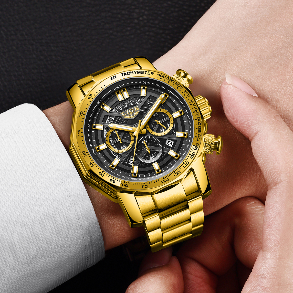 LIGE Men's Steel Strip Calendar Watch Men's Watch Six Pin Multi functional Waterproof Calendar Men's Watch