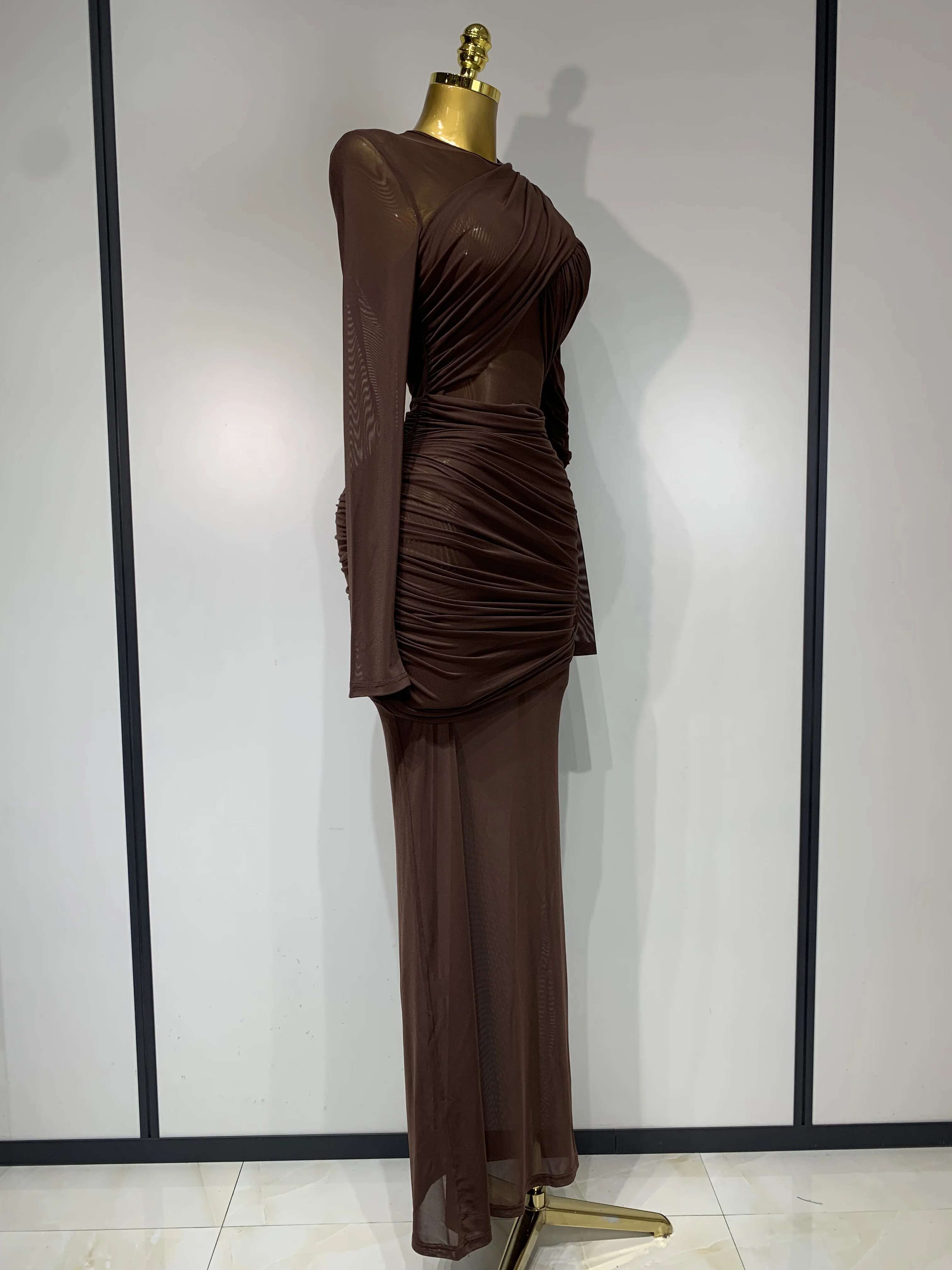 Elegant Brown Mesh Fold Long Sleeve Bodycon Dress Women 2025 Evening Party Club Sexy Perspective Fashion Birthday Dresses